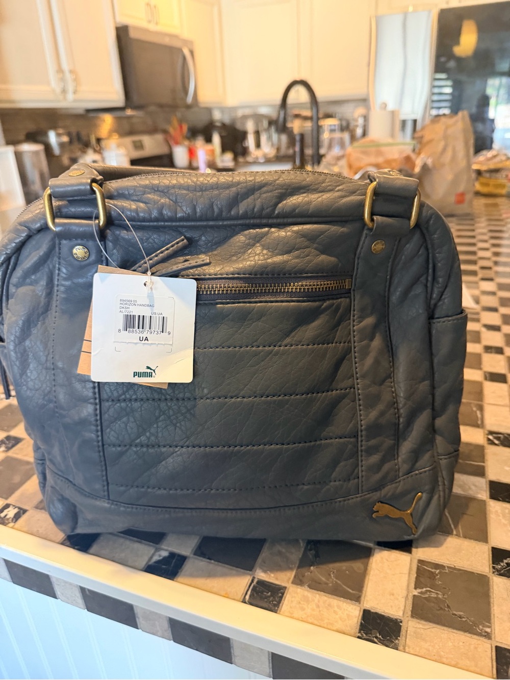 Puma Quilted Shoulder Bag in Navy Blue with Gold Hardware